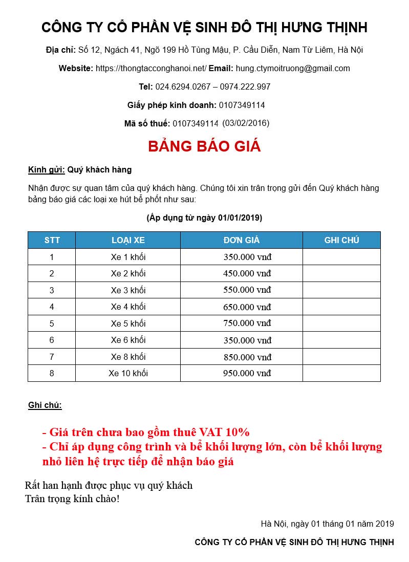 bảng báo giá hút bể phốt