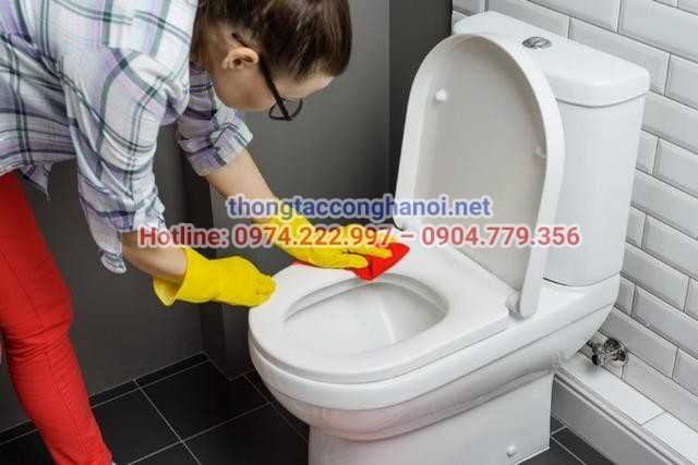 Dùng khăn lau sạch bề mặt ghế ngồi bồn cầu