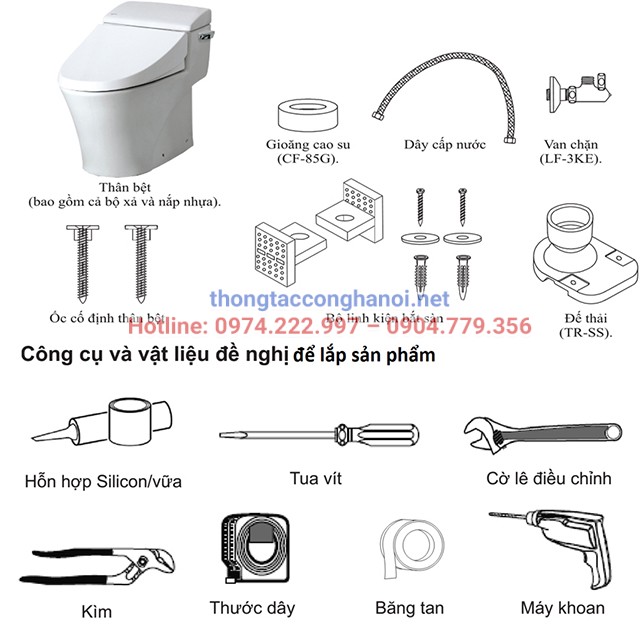 Chuẩn bị dụng cụ tháp nắp bồn cầu Inax