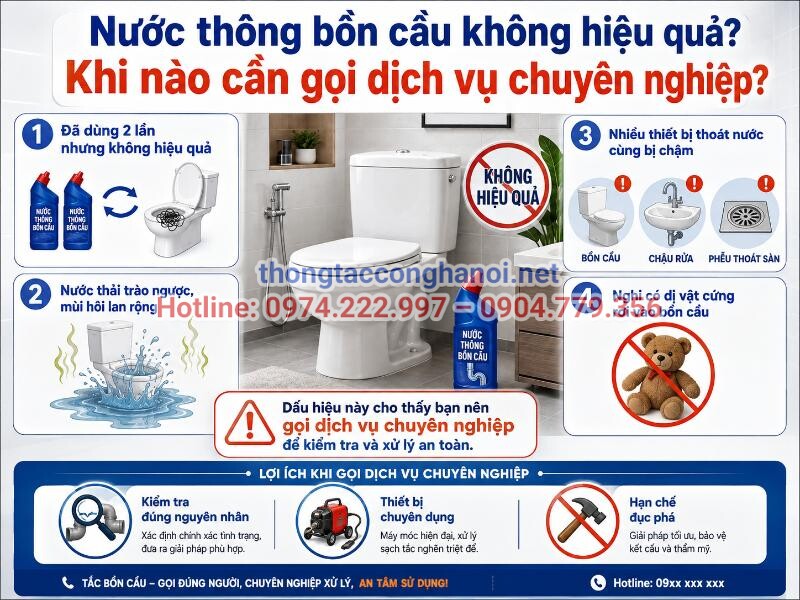 Gọi dịch vụ chuyên nghiệp là giải pháp tối ưu nhất khi bồn cầu trào ngược hoặc bị tắc nghẽn nghiêm trọng do dị vật.