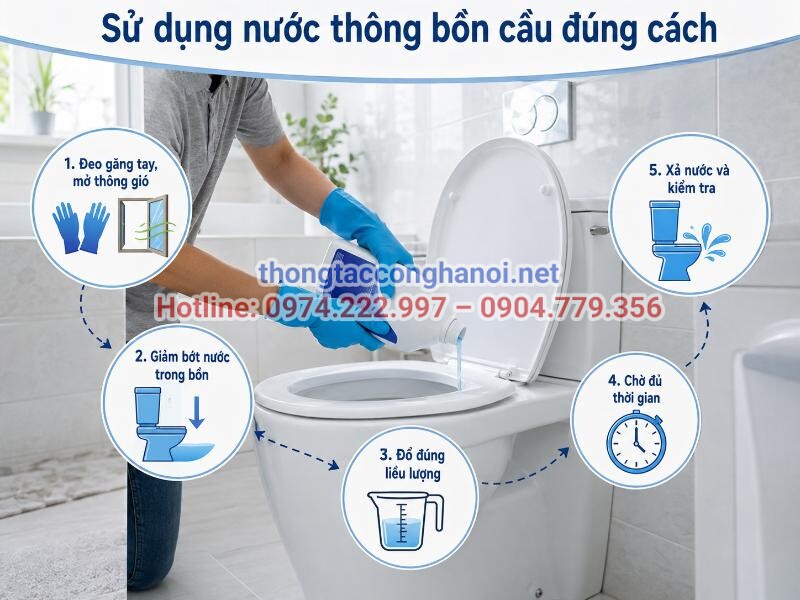 Luôn mang găng tay cao su và tuân thủ đúng liều lượng hướng dẫn để đảm bảo an toàn khi dùng hóa chất thông tắc.