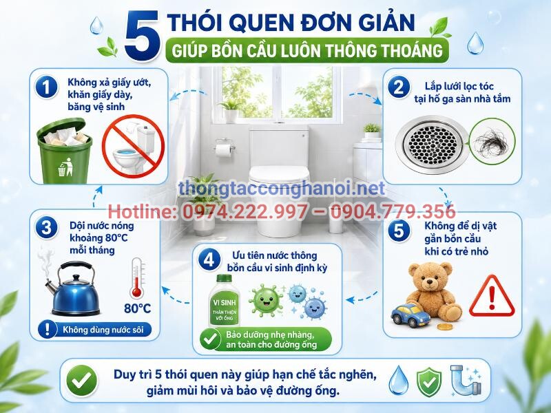 Xây dựng thói quen sinh hoạt đúng cách và vệ sinh định kỳ giúp bồn cầu luôn thông thoáng, sạch sẽ.