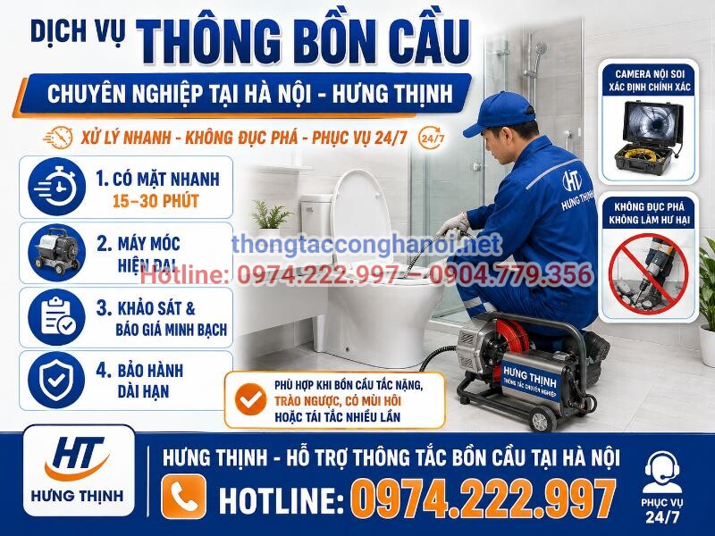 Đội ngũ kỹ thuật viên của Hưng Thịnh với thiết bị chuyên dụng luôn sẵn sàng hỗ trợ thông tắc 24/7.