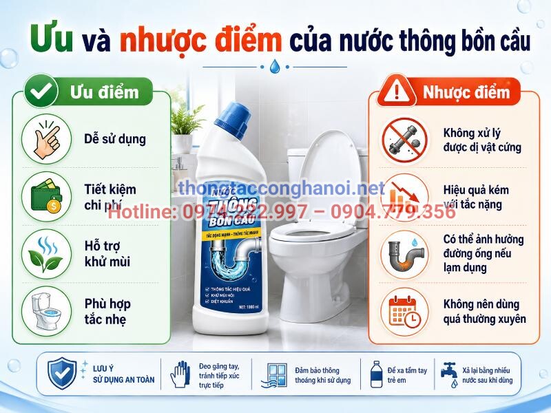 Nước thông bồn cầu là giải pháp tiện lợi, chi phí thấp nhưng chỉ thực sự hiệu quả với những sự cố tắc nghẽn nhẹ.