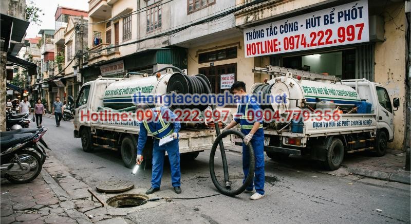 Đội ngũ kỹ thuật Hưng Thịnh triển khai xe hút chuyên dụng, cam kết hút sạch triệt để và không đục phá.