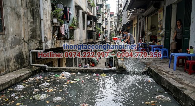 Tình trạng cống nghẹt gây ứ đọng nước thải không chỉ làm mất vệ sinh mà còn ảnh hưởng trực tiếp đến sinh hoạt tại các khu dân cư đông đúc.