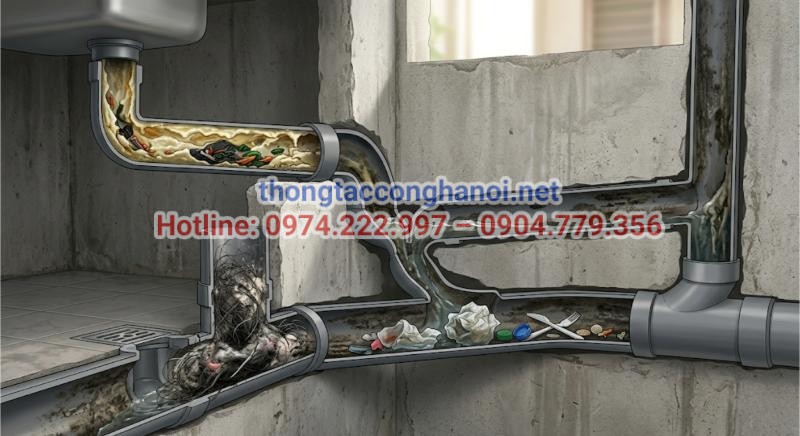 Dầu mỡ, rác sinh hoạt và tóc vụn tích tụ lâu ngày là những "thủ phạm" chính gây tắc nghẽn nghiêm trọng sâu bên trong hệ thống thoát nước.