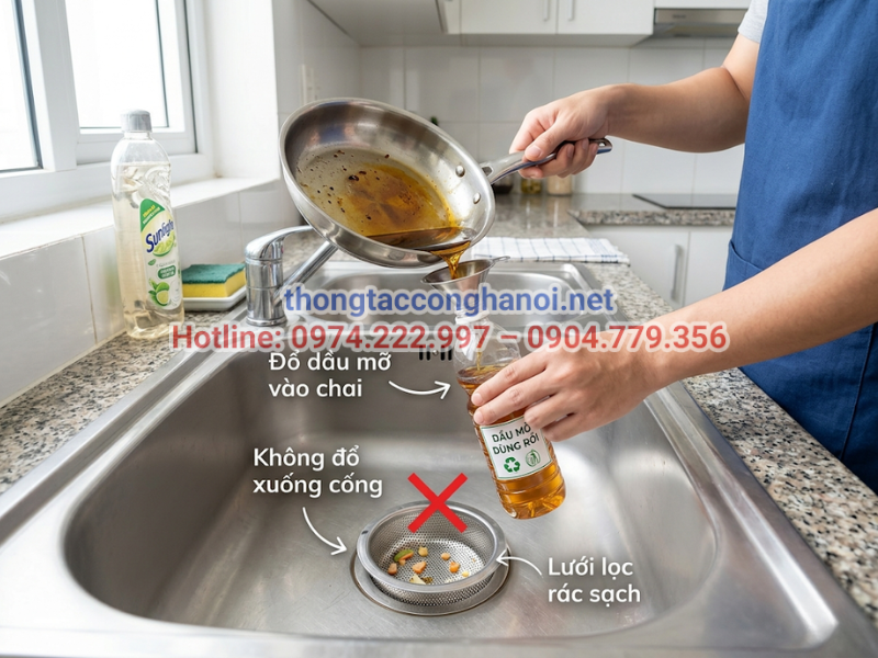 Thu gom dầu mỡ thừa vào chai và sử dụng lưới lọc rác là thói quen tốt giúp phòng tránh cống nghẹt hiệu quả.