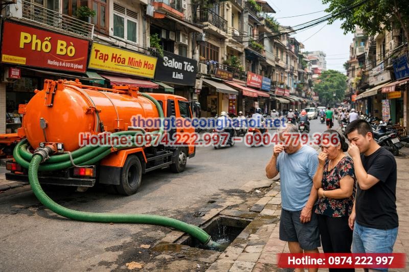 Tình trạng bể phốt đầy gây mùi hôi khó chịu, ảnh hưởng trực tiếp đến sinh hoạt của người dân tại các tuyến phố đông đúc ở Hai Bà Trưng.
