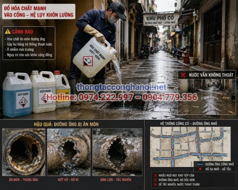 Việc lạm dụng hóa chất mạnh có thể gây ăn mòn và hư hỏng hệ thống đường ống, đặc biệt là với hạ tầng cũ tại phố cổ.