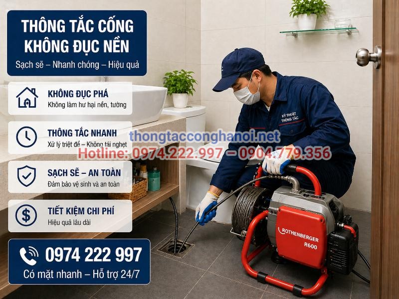 Dịch vụ sử dụng trang thiết bị hiện đại để thông tắc cống nhanh chóng, sạch sẽ và cam kết không đục phá nền công trình.