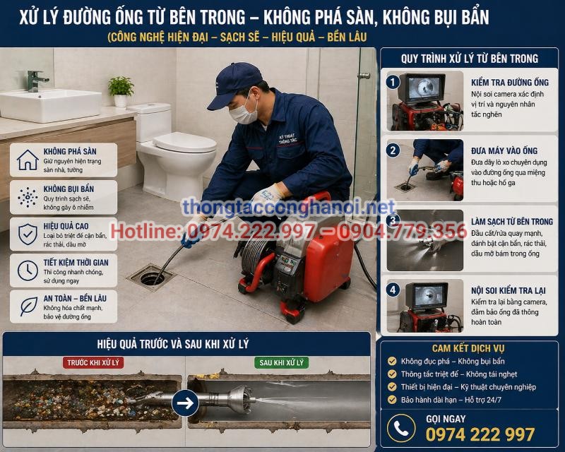 Quy trình xử lý tắc nghẽn từ bên trong bằng máy móc chuyên dụng giúp đánh bật cặn bẩn mà không làm ảnh hưởng đến kết cấu nhà.