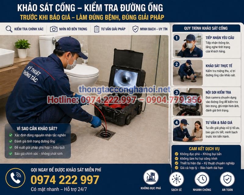 Việc sử dụng camera nội soi để kiểm tra đường ống giúp xác định đúng nguyên nhân và hỗ trợ đưa ra báo giá minh bạch trước khi thi công.