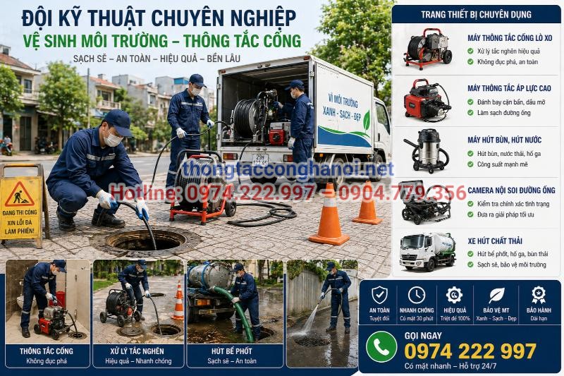 Đội ngũ kỹ thuật viên được trang bị đầy đủ các thiết bị máy móc hiện đại, đảm bảo xử lý nhanh chóng và triệt để mọi tình trạng tắc nghẽn.