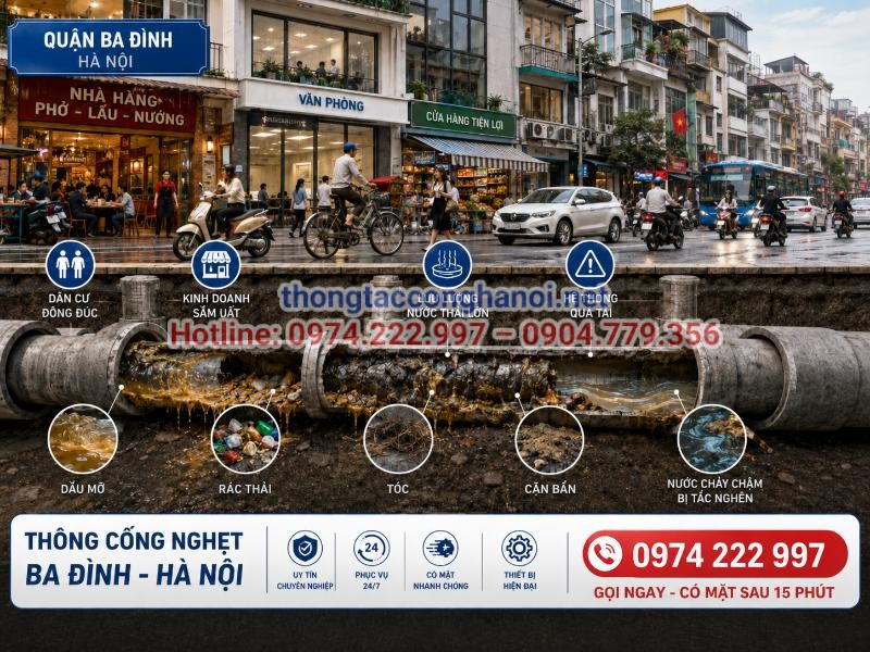 Hình ảnh mô tả thực trạng hệ thống thoát nước quá tải và các nguyên nhân chính gây tắc nghẽn cống tại khu vực đông dân cư như Ba Đình.