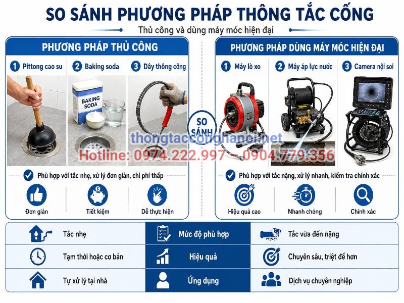 Bảng so sánh chi tiết giữa phương pháp thông cống thủ công tại nhà và phương pháp sử dụng máy móc hiện đại chuyên nghiệp.
