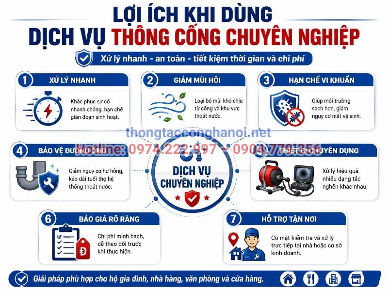 Những lợi ích thiết thực, an toàn và tiết kiệm thời gian khi lựa chọn dịch vụ thông cống chuyên nghiệp thay vì tự xử lý.