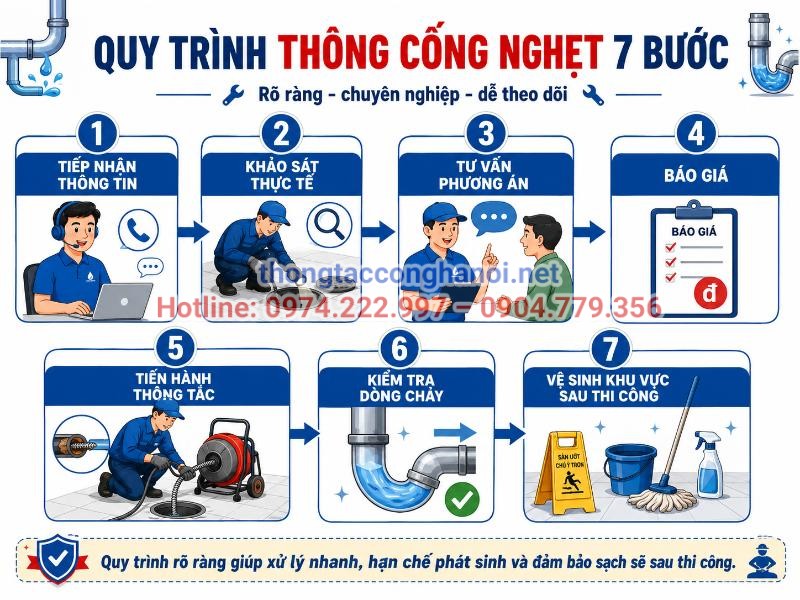Quy trình thông tắc cống 7 bước chuyên nghiệp, minh bạch và rõ ràng của Hưng Thịnh từ lúc tiếp nhận đến khi hoàn tất.